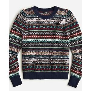 J. Crew Puff Sleeve Navy Heather Emerald Fair Isle Crewneck Sweater XXS Wool